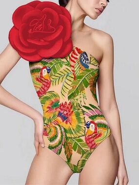 Tropical Parrot Strapless One-Piece Swimsuit in Multi-Color